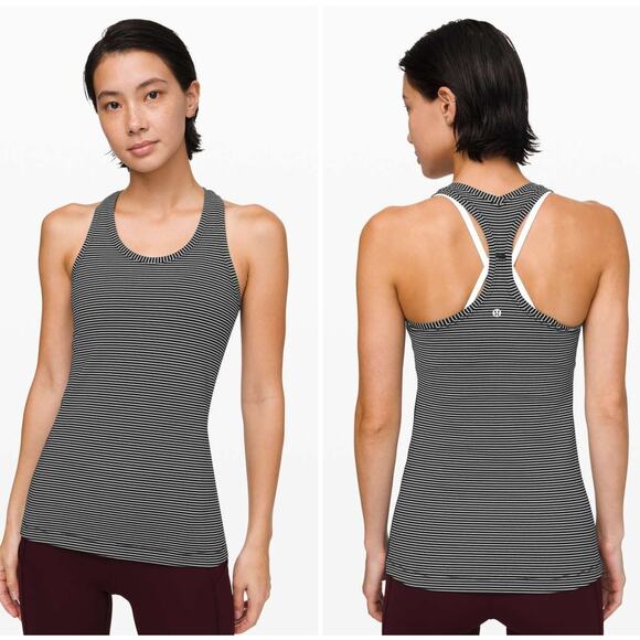 lululemon athletica Tops - Lululemon Cool Racerback Tank Hype Stripe Black White Size 10 Run Gym Yoga